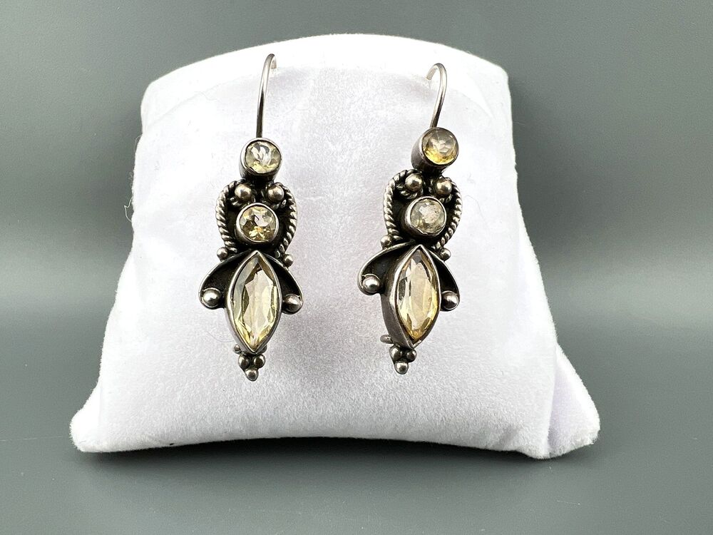 Vintage Earrings Sterling Silver 925 Citrine Anglesite Gemstone French Wire Hook